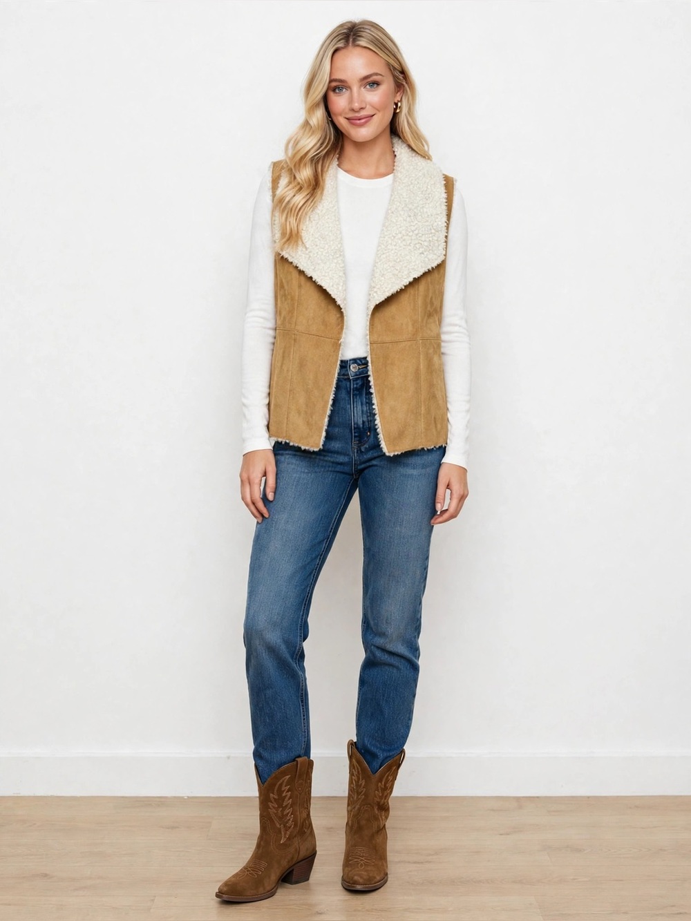 Talbots Tan Suede Vest with Cream Sherpa Collar